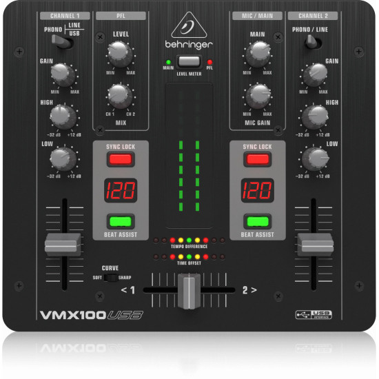 The Behringer VMX100USB Pro DJ Mixer