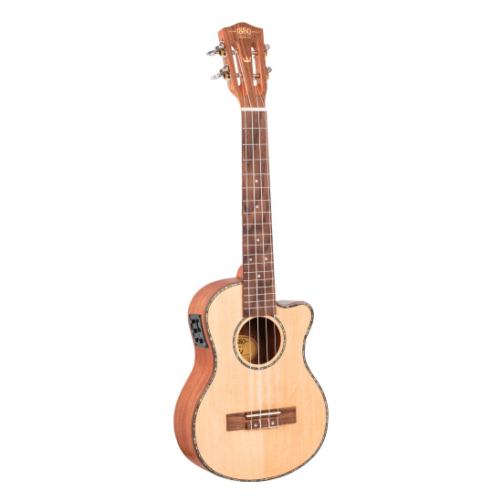 1880 UKULELE CO. 200 Series Tenor electric acoustic cutaway ukulele.